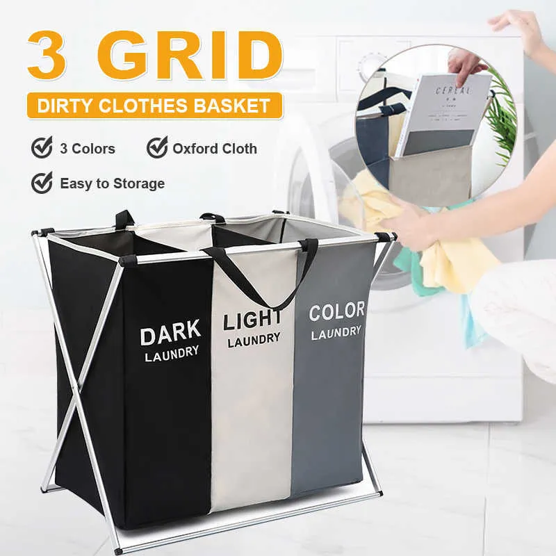 Prova de água Três Grade Lavanderia Organizador Bag Dirty Hamper Colapsible Cesta Home Roupa de Armazenamento 210609