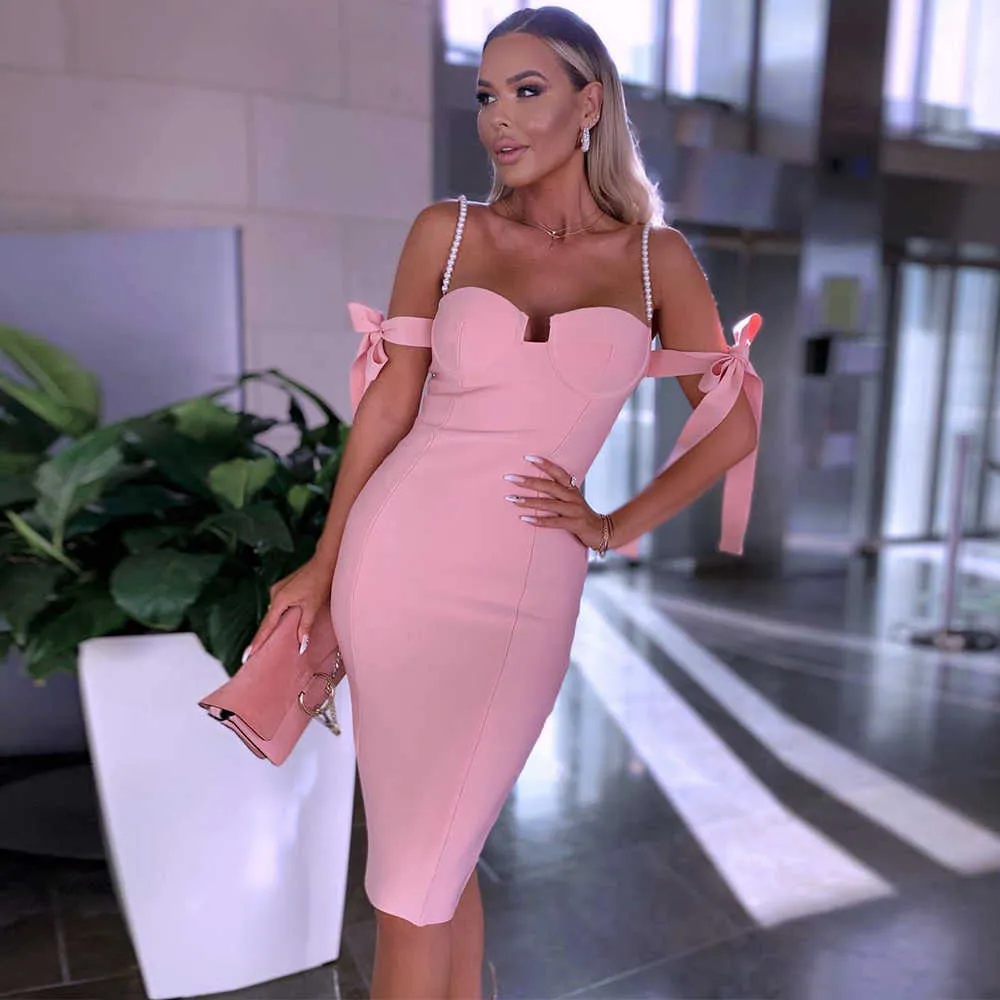 Ocstrade Beaded Pink Off Shoulder Bandage Dress Arrival Summer Sexy Bodycon Birthday Club Party 210527