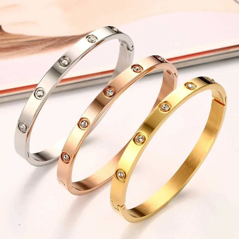 AAA Cubic Zirconia розовый золотой браслет для женщин стальные металлические 6 мм из нержавеющей стали браслет браслет женщины Hihg полированный рождественский подарок Q0717