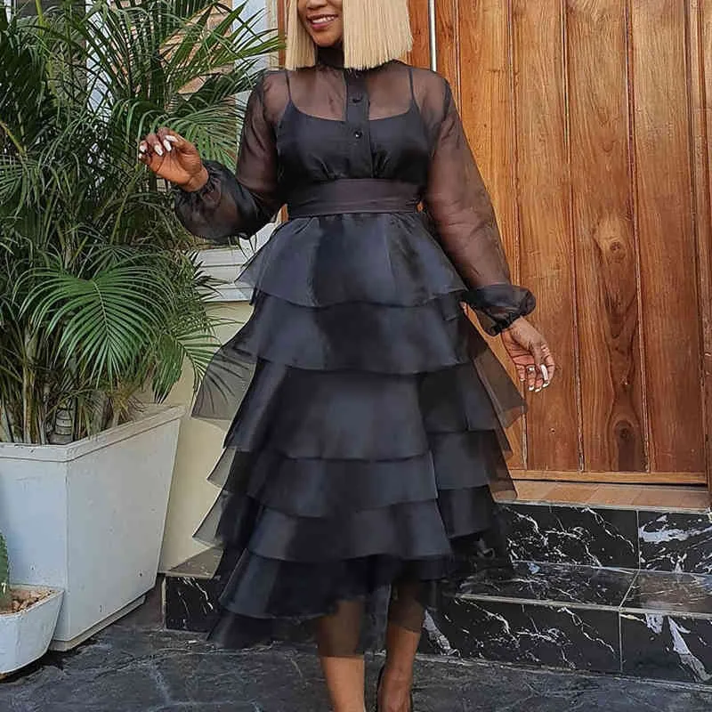 Women Black Cake Party Dress Ruffle Sexy See Through Transparent Long Sleeve Plus Size XL Birthday Event Celebrity Vestidos Gown 210416