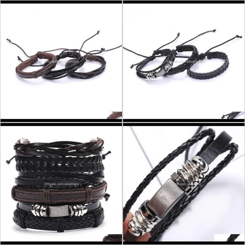black men`s punk leather creative alloy bracelet set 6 pieces