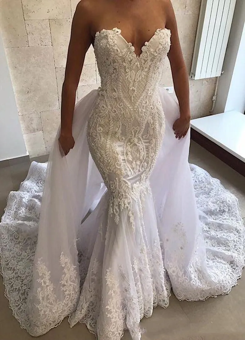 2022 Sexiga sjöjungfru bröllopsklänningar Avtagbar kjoltåg Vintage Vit V Neck Lace Applique Corset Bridal Gowns USA