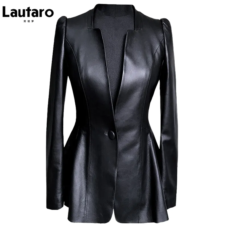 Lautaro Autunno Nero Slim Soft Pu Giacca in pelle Donna Profondo scollo a V Manica lunga a sbuffo Elegante Blazer con gonna di lusso Moda 210916