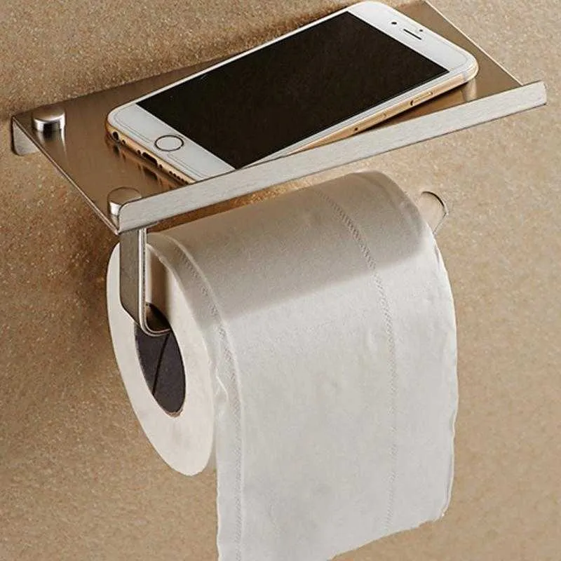 Bathroom Toilet Roll Paper Holder Wall Mount Stainless Steel WC Phone Tissue Boxes with Storage Shelf Rack 210709