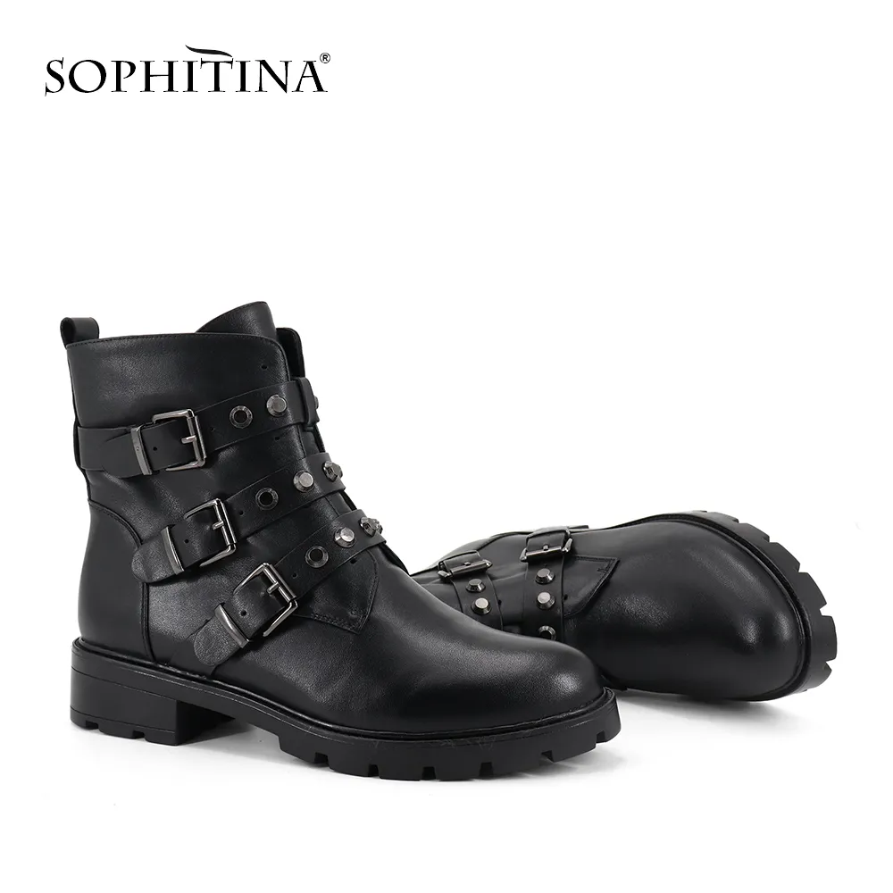 SOPHITINA Fashion Buckle Women's Boots High Quality Genuine Leather Round Toe Shoes Handmade Ankle Boots SC277 210513