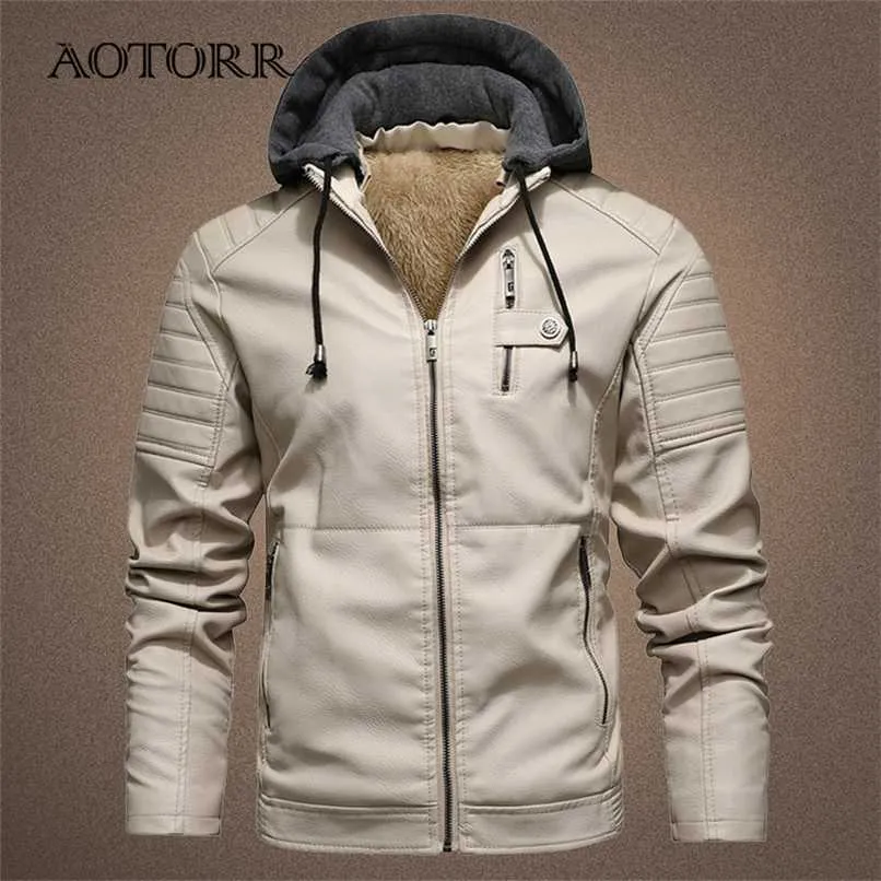 Men's Motorcycle Jacket Hooded Autumn Winter Faux PU Leather Jackets Men Casual Solid Biker Coat Zipper Fleece Coats 211111