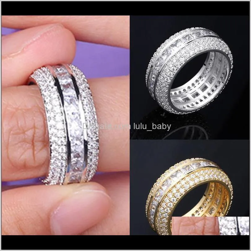 Pierścienie Drop Dostawa 2021 Biały 18k Hip Hip Hop CZ Biżuteria Zirconia Band Luksusowy Diamentowy Diamentowy Blishling Gold Mężczyźni Dla Ring Set Moda Finger Fu