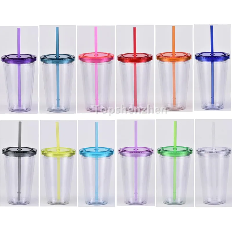 12 Color 16oz Classic Tumbler With Lids Colored Acrylic Sippy Cups Double Wall Insulated Plastic Tumblers Coffee Cup Water Bottle Free Straws Customizable DIY Gifts