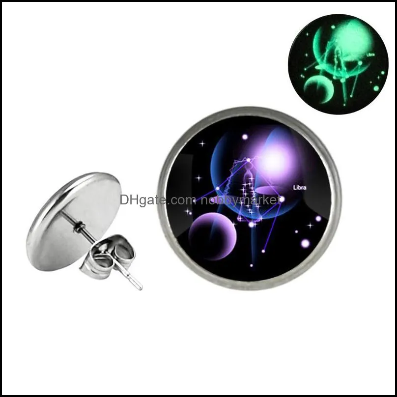 Glow in The Dark 12 Zodiac Sign Stud Earrings For Women Glass constellation Stainless steel hypoallergenic Silver Ear Rings Fashion