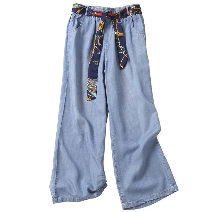 Summer Arts Style Women Elastic Waist Loose Blue Jeans All-matched Casual Cotton Denim Wide Leg Pants Plus Size M 210809