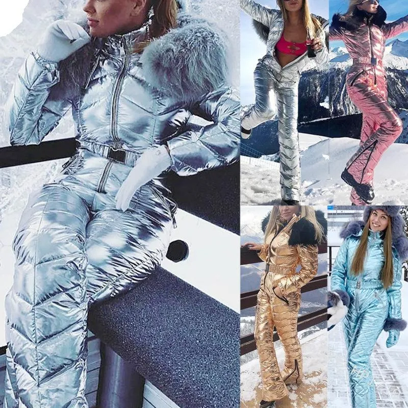 Ski terno mulheres moda com capuz com gola de pele à prova de vento quente algodão de algodão jumpsuit conjunto Outdoor snowboard jaqueta de uma peça de esqui ternos