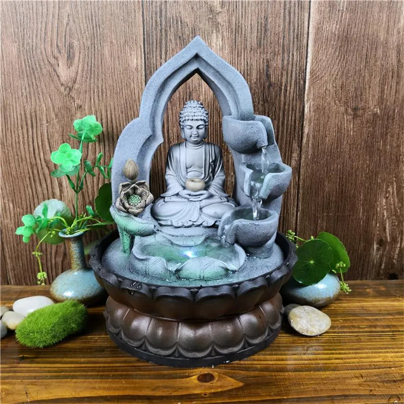 Objetos decorativos Figuras de aire interior Humidifie Waterfall Fuente de la oficina Vista de relajación con luz LED Lucky Feng Shui Buddha