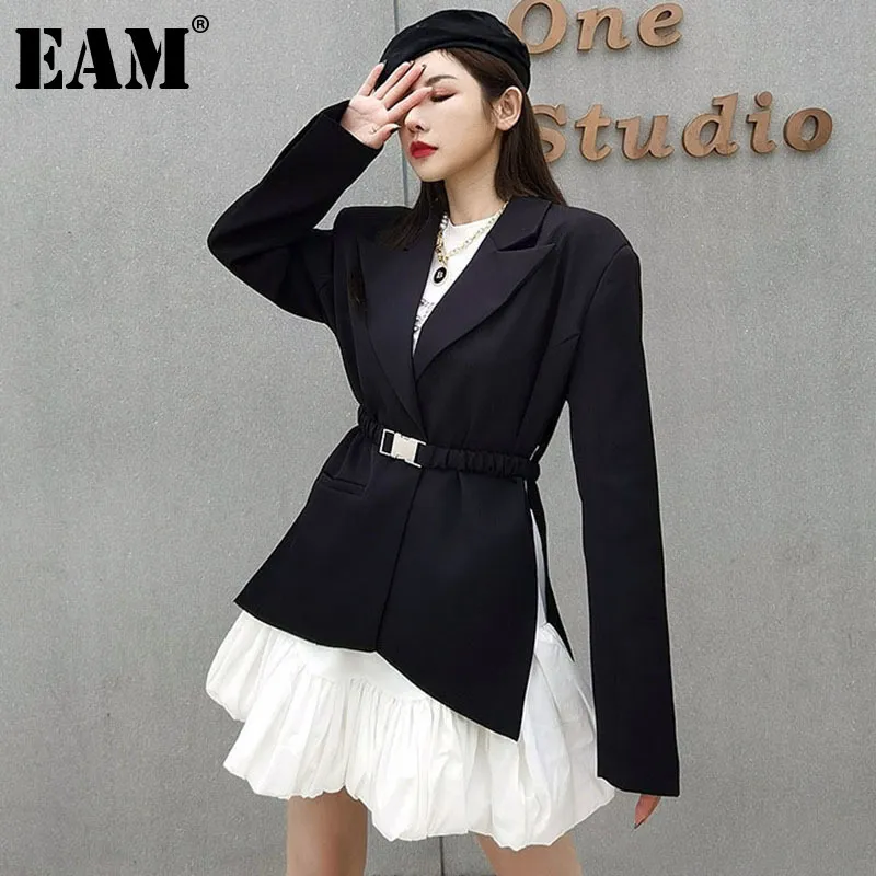 [EAM] femmes noir grande taille fente ceintures Blazer revers manches longues coupe ample veste mode printemps automne 1DD7198 21512