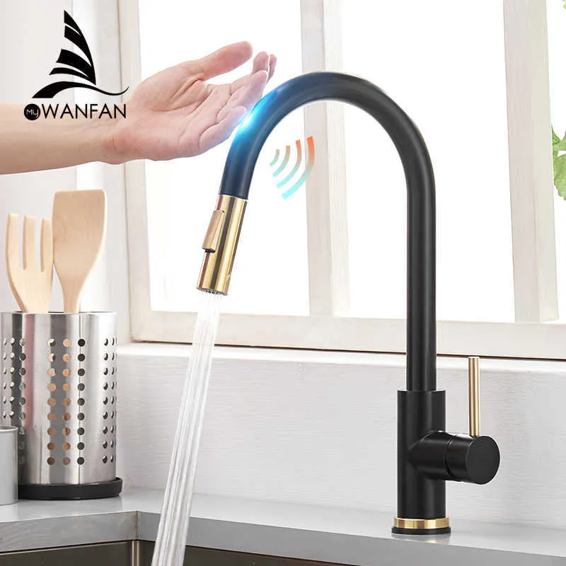 Sensor Keukenkranen Zwart Smart Touch Inductive Sensitive Kraan Mixer Tap Single Handle Dual Outlet Water Modi 1005RK 210724