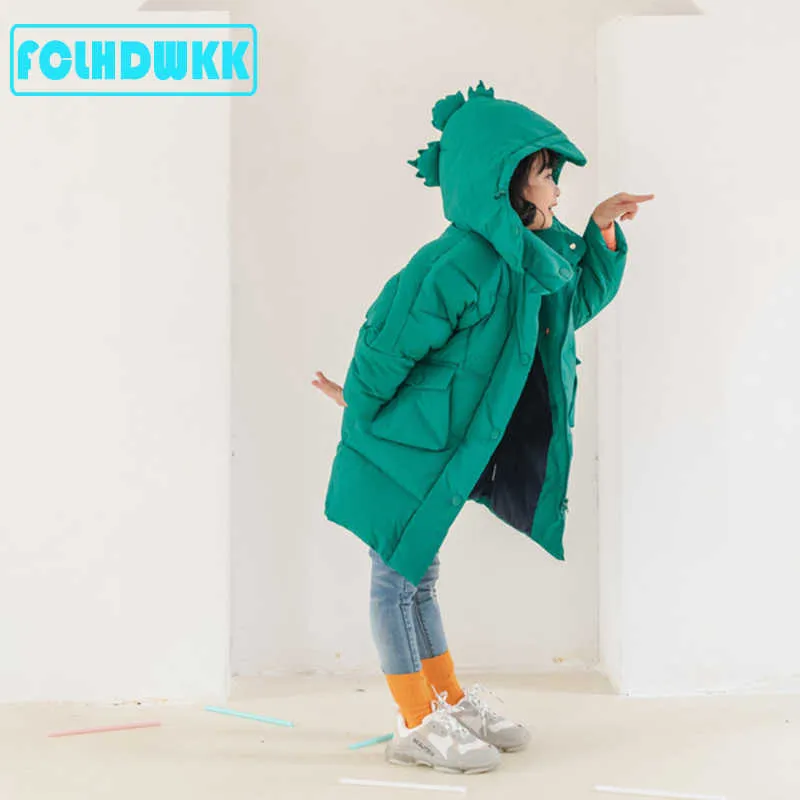 2019 Winter Down Jacket Kid Dinosaur Cartoon Coats For Girls Boys Lång kappa För Barn Baby Tjockade Barnkläder H0910