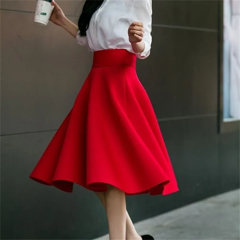 High Waist Pleat Elegant Skirt Green Black White Knee-Length Flared Skirts Fashion Women Faldas Saia 5XL Plus Size Ladies Jupe 210421