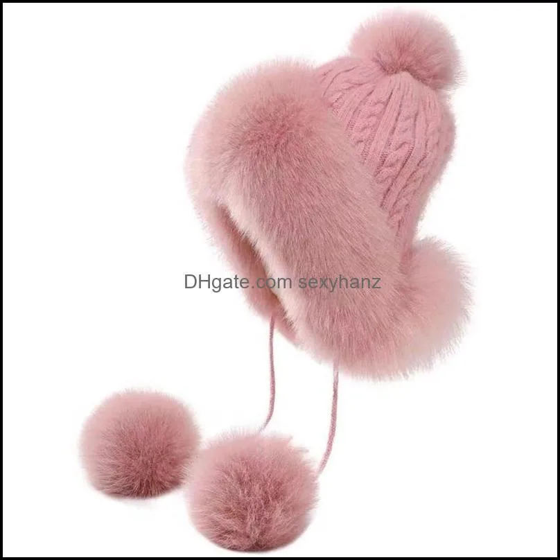 Berets Women`s Hat 2021 Women 100% Pompom Real Genuine Knitted Winter Hats Beanies Earmuff Trapper Earflap Cap