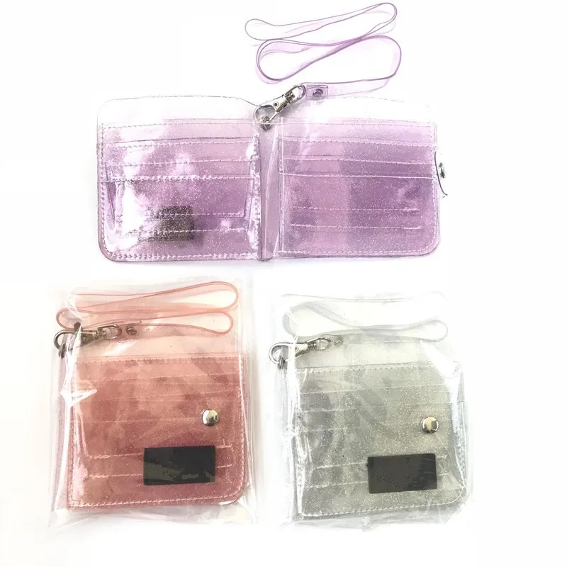 Bling Transparent ID Card Holder Wallets PVC Folding Lanyard Short Wallet Fashion Women Girl Glitter Business Card Case Purse