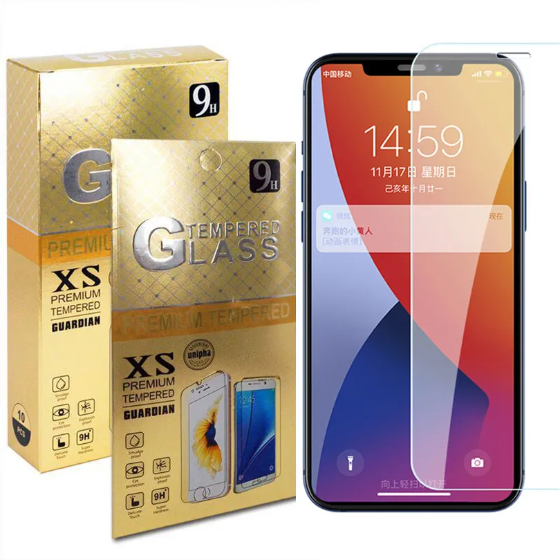 2.5D 9H Screen Protector for iPhone 12 XR 11 Pro Max XS 7 8 Plus Samsung A11 S21 Ultra LG Tempered Glass Anti-Scratch Anit-fingerprint with Golden Retail Box