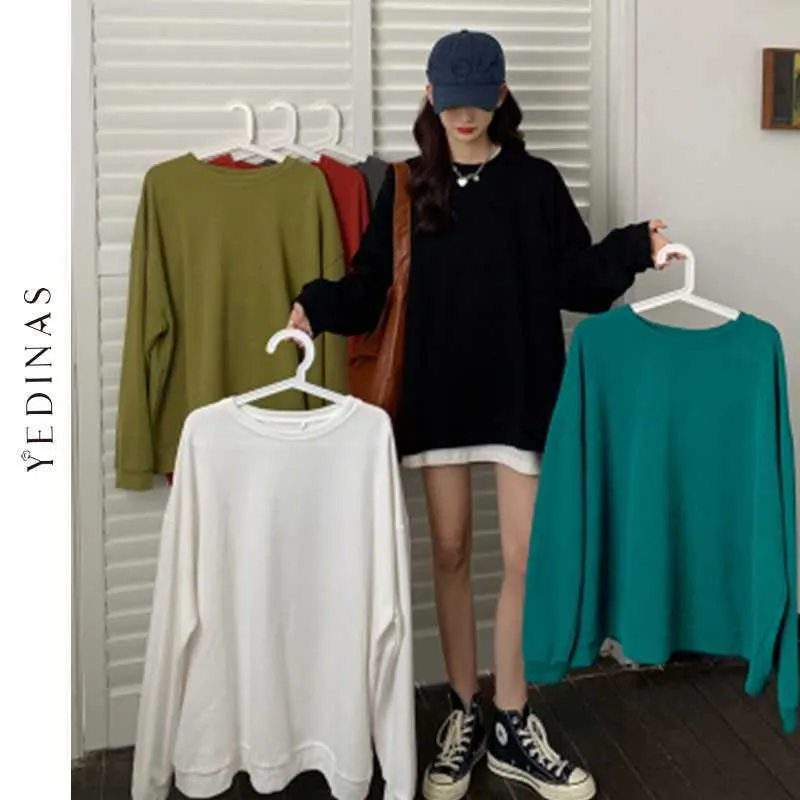 Yedinas Wysokiej Jakości Oversized T Shirt Kobiety Z Długim Rękaw Koreański Styl O-Neck Solid Tee Femme Jesień Wiosna 210527