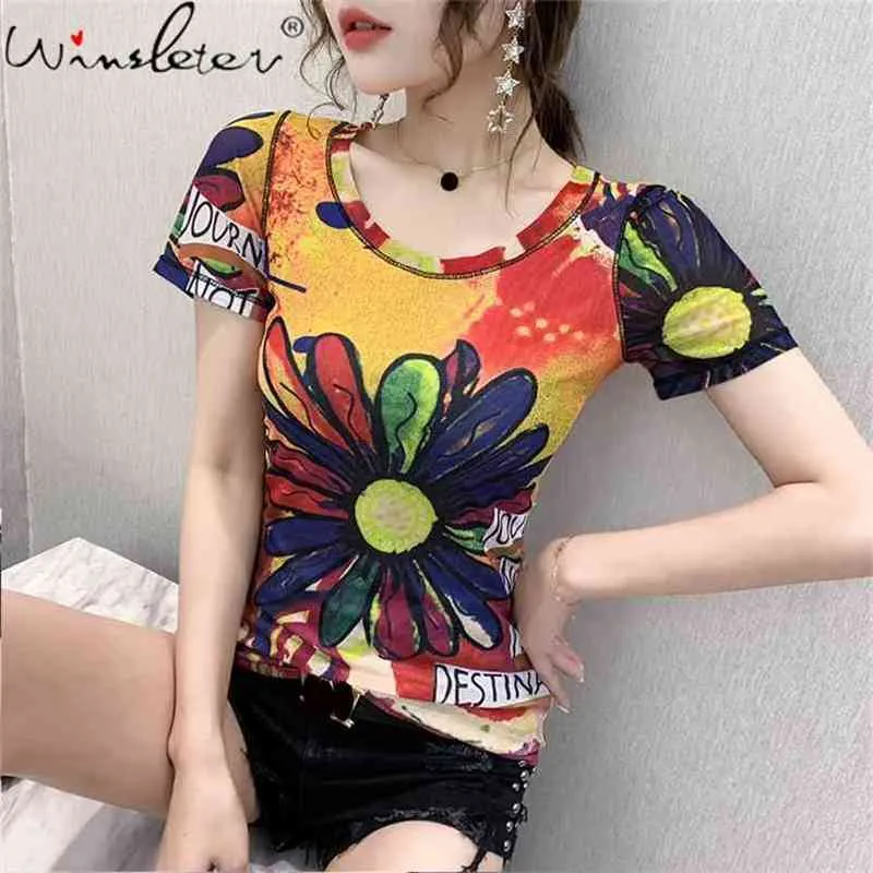 Femmes T-shirts Casual Doodle Floral Imprimé Tops Tee Summer Femme T-shirt à manches courtes pour vêtements T05208B 210421