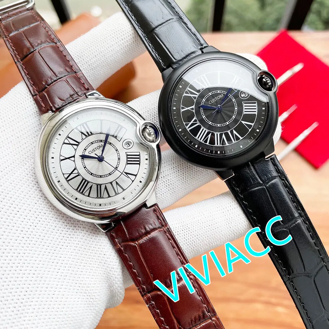 새로운 고전적인 자동 기계 남성용 시계 남성 블랙 가죽 로마 번호 시계 클래식 브랜드 스테인레스 스틸 날짜 시계 42mm