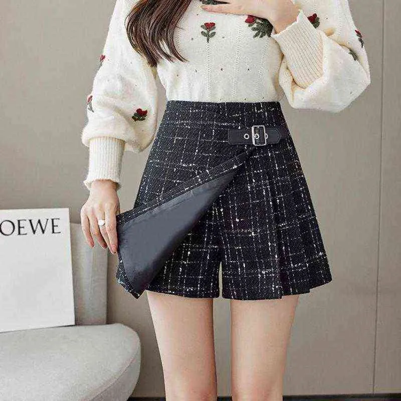 Irregular High Waist Tweed Shorts Skirts Women Fake Two Spring Winter New Slim Wide Leg Shorts Women Plaid Office Lady Shorts Y220311