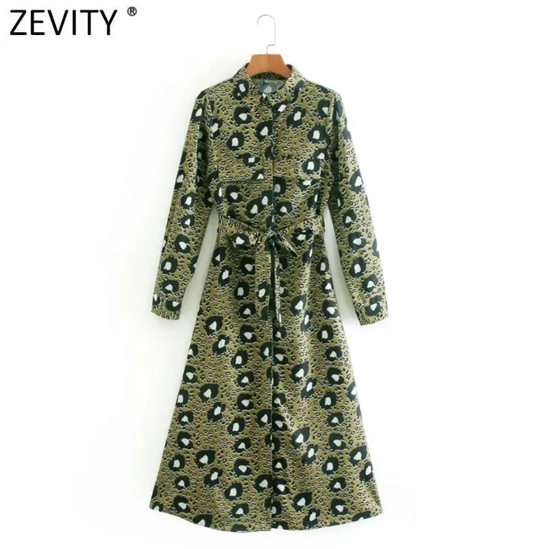 Kobiety Vintage Turn Down Collar Leopard Drukuj Bow Tie Sashes Koszula Sukienka Femme Z Długim Rękawem Casual Slim Midi Vestido DS4945 210416