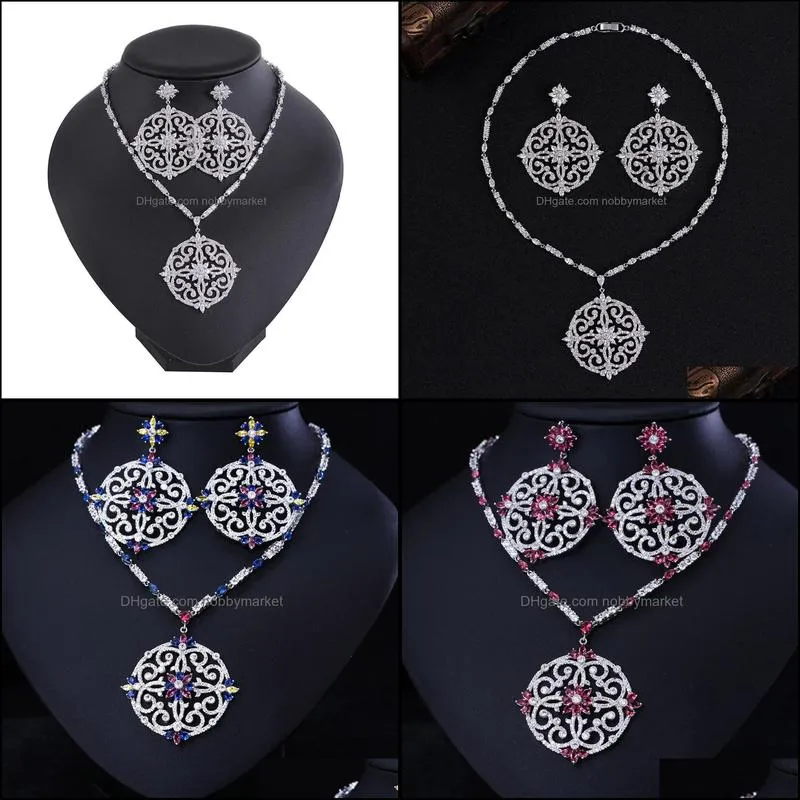 Luxury New Fashion Clear CZ Crystal Wedding Party Flower Cut Necklace Earrings Set for Women Princess Jewelry Set C18122701