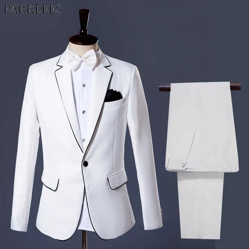 Beyaz Takım Elbise Blazer Erkekler 2018 Yepyeni Düğün Damat Smokin Takım Elbise Erkekler Parti Sahne Şarkıcı Balo 2 Parça Takım Elbise (Ceket + Pantolon + Yay) 2XL X0909