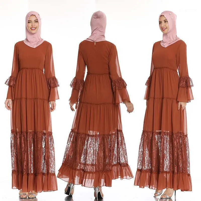 Casual Dresses Party Elegant Lace Patchwork Chiffon Muslim Abaya Women Long Sleeve Arab Kaftan Maxi Dress (not Include Hijab)