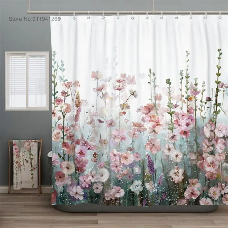 Shower Curtains Style Floral Fabric Bathroom Curtain With Hook And Loop Cover Multi-color Waterproof Bath Drapes