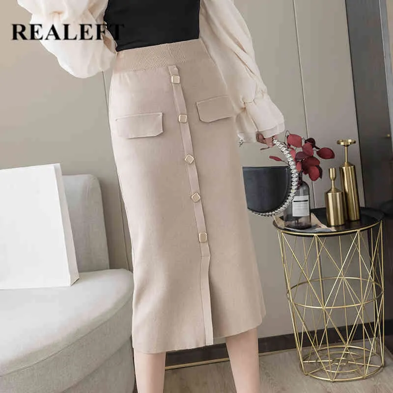 Höst Vinter Elegant Stickning Kvinnor Midi Kjol Enstaka Bröst Hög Midja Chic Sheath Wrap A-Line Skirts Lady 210428