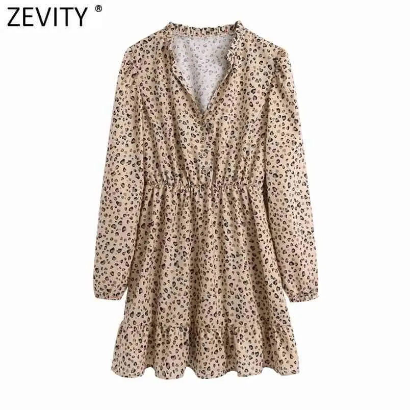 Mujeres Vintage cuello en V estampado de leopardo dobladillo volantes Mini Vestido mujer Puff manga plisado Vestido Chic vestidos DS5073 210420