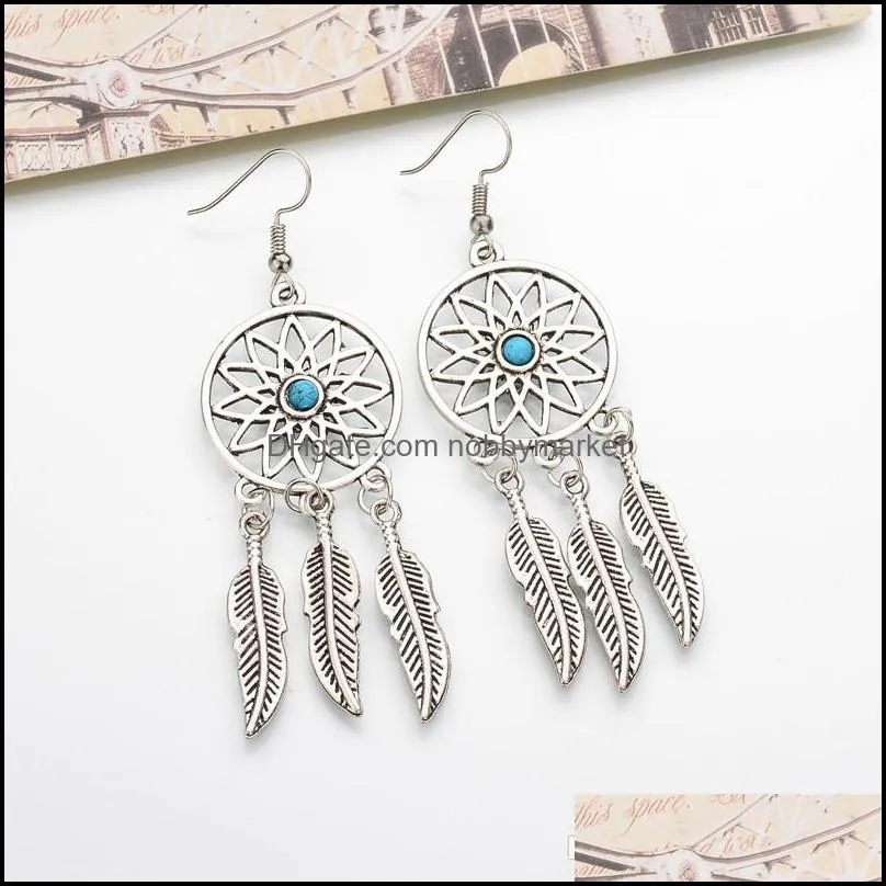 Ancient Silver Dream Catcher Feather Tassel Charm Pendant Earrings Fashion Vintage Creative Women Ladies Earrings Jewelry Best Friend