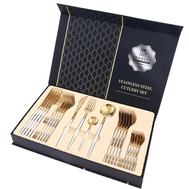 24pcs Knife Fork Spoon Gold Dinnerware Set Food Grade Stainless Steel Luxury Tableware Gift Box Dishwasher Safe Cutlery 210928