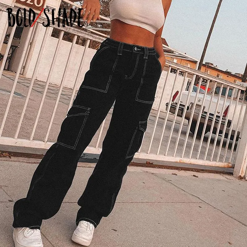 Bold Shade 90s Fashion Grunge Wide Leg Pants Vintage Skater Girl Style Black Boyfriend High Waist Women Pocket Trousers Women's Jeans