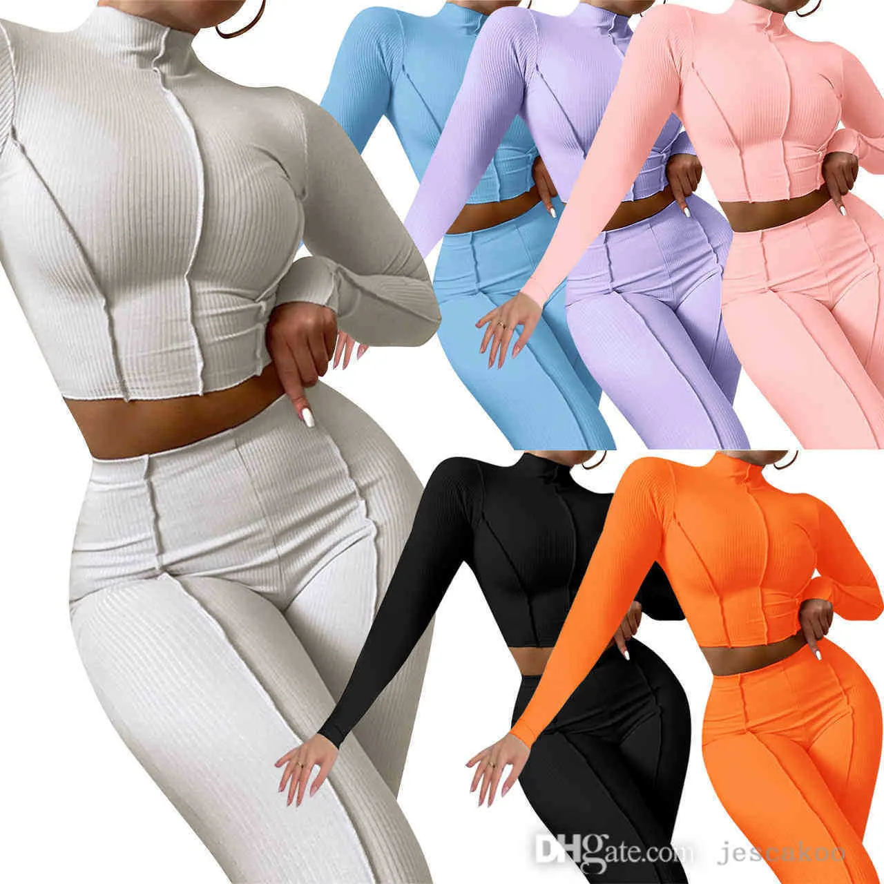 Femmes tricotées survêtements automne col roulé couture haut court taille haute pantalon mince Sport 2 pièces tenues de yoga costume de jogging S-XXL
