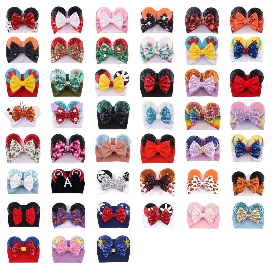 Cute Big Bow Wide Baby Girls Headbands Sequined Mouse Ear Girl Hair Accessories 59 Colors Holidays Makeup Hairbands