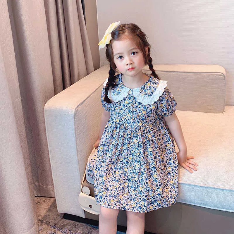 Meisjes Casual Jurken 2021 Nieuwe Zomer Baby Meisje Floral Party Clothes Leuke Kids Peter Pan Collar Princess Vestidos 1-6Y Q0716