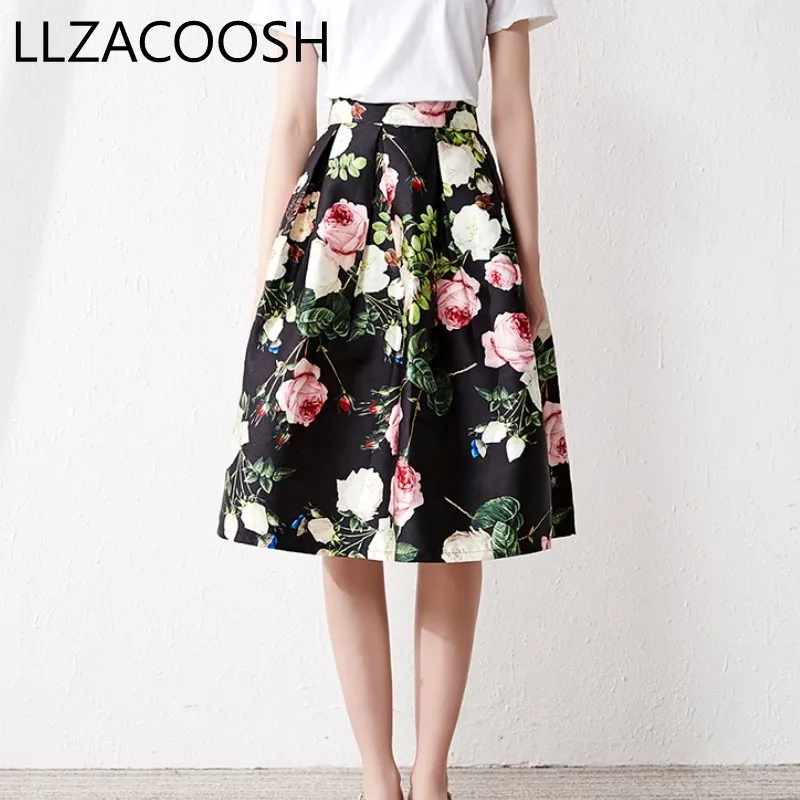 Retro Vintage Big Swing Skirt Floral Pleated Femme Flowers Print Midi Skirts Womens High Waist Ball Gown Skirt 210514