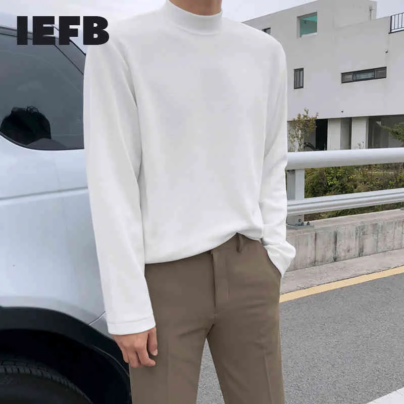 IEFB half high collar long sleeve basic kintted sweater for men loose Spring Autumn white black bottomed trend tops male 9Y4541 210524