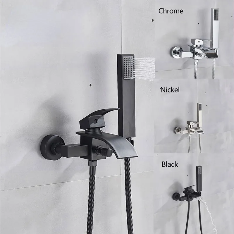Matte nickel nickel chrome salle de bain baignoire robinet à manche simple manche de cascade robinet avec robinet de bain mural de douche à main