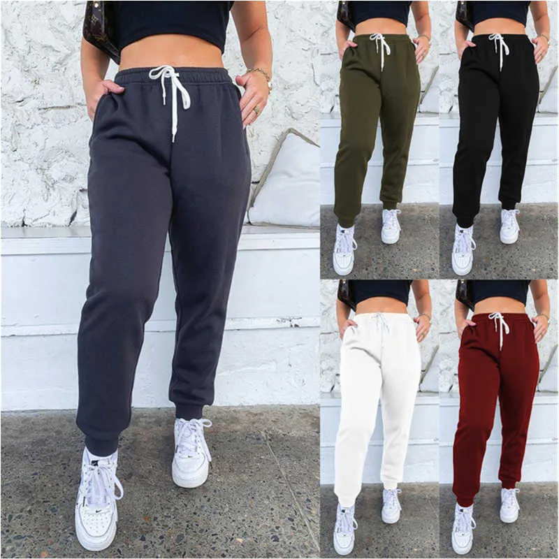 Moda Mulheres Jogging Harem Calças Novo Casual Cor Sólido Jumpsuits Cor Esporte Running Sweatpants Mid Cintura Slim Hip Hop Calças Q0801