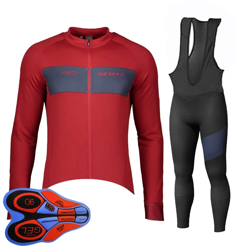 Printemps / Automne SCOTT Team Hommes Maillot de cyclisme Ensemble Chemises à manches longues Pantalons à bretelles Costume VTT Tenues de vélo Uniforme de vélo de course Vêtements de sport en plein air Ropa Ciclismo S21042046