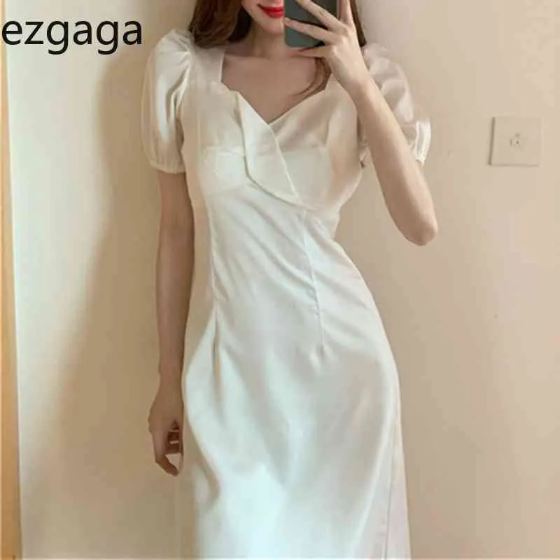 Ezgaga Französisch Stil Elegantes Kleid Weibliche Quadrat Kragen Kurze Puff Sleeve Hohe Taille Kleider Solide Mode Frauen Kleid Vestidos 210430
