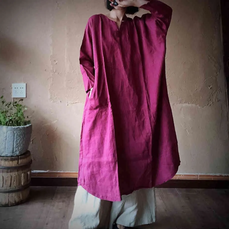 Johnature robe en lin rétro été Vintage col rond manches chauve-souris grande taille lâche Rose rouge broderie robe 210521