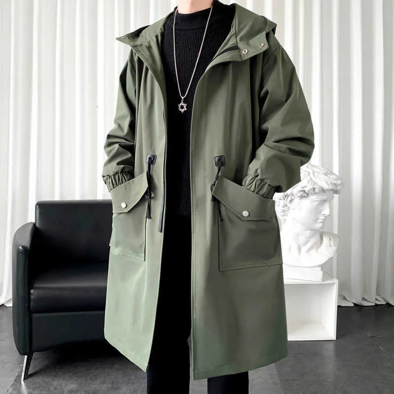 Privathinker Herfst Heren Trench Effen Kleur Oversized Lange Jas Mode Big Pocket Hooded Trench Coats Mannelijke kleding 211011