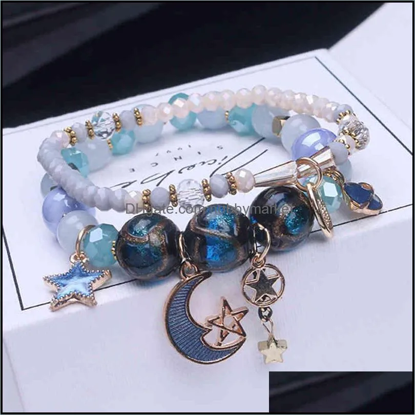 Charm Bracelets Jewelry Korean Version Of Star Moon Crystal Beaded Bracelet Female Mori Student Girlfriends Sister Chain Fashion Simple Drop