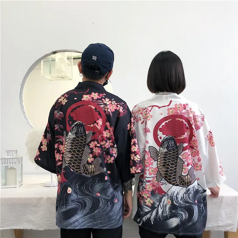 Unisex chiffon blus kimono cardigan personlighet tryck sommar kvinnor lång avslappnad lös strand sju ärmstoppar kvinnors blusar skjortor